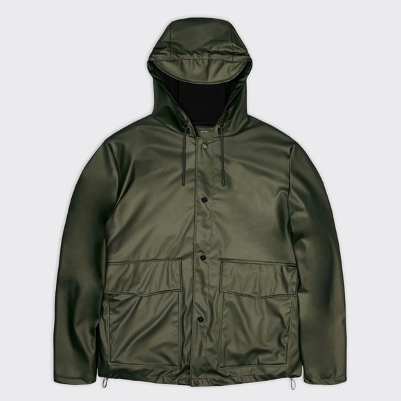 RAINS Short Hooded Raincoat Jacket Waterproof Evergreen UNISEX Sz LARGE - Picture 1 of 7